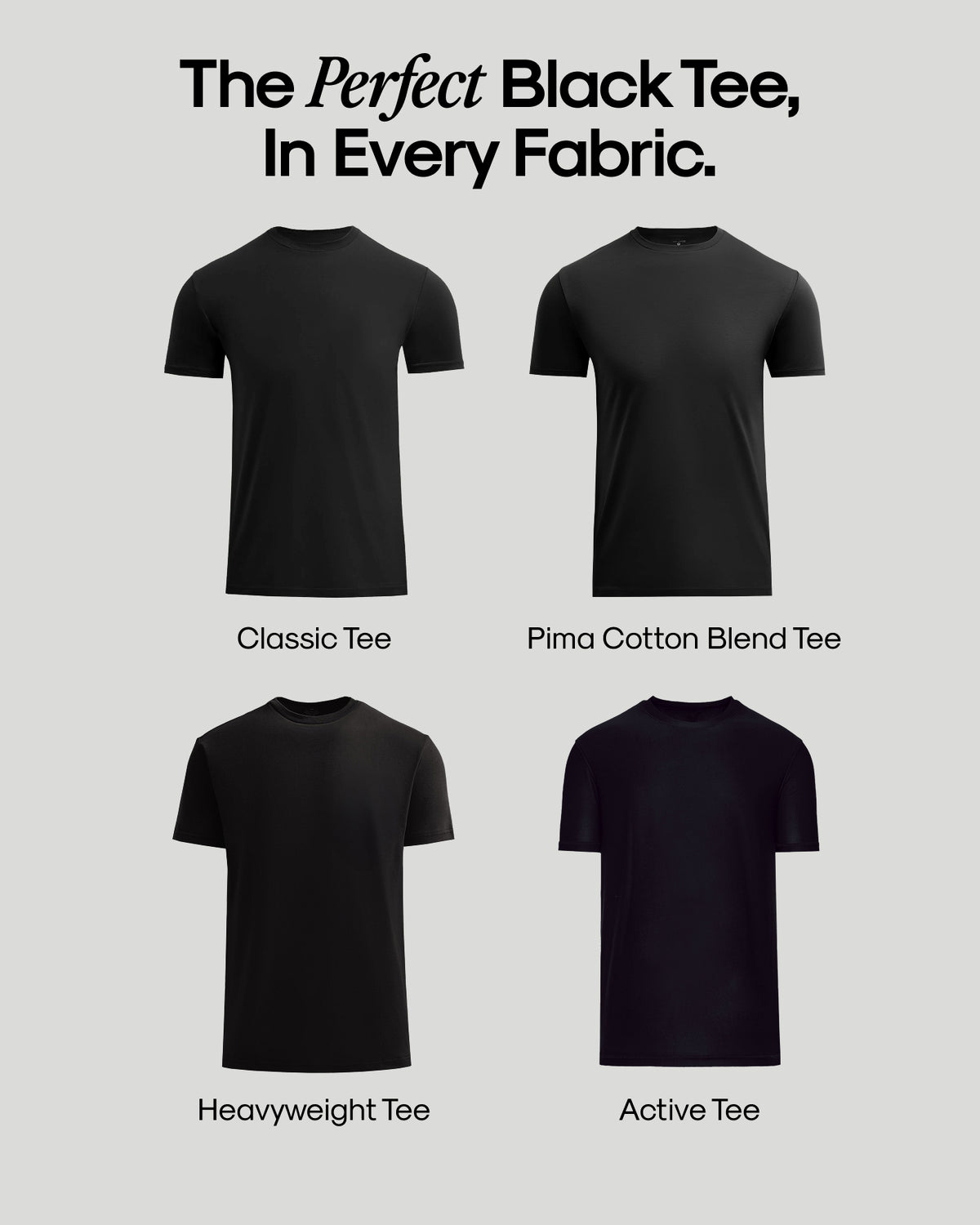 Four black short-sleeve t-shirts shown on a light gray background with labels: Classic Tee, Pima Cotton Blend Tee, Heavyweight Tee, and Active Tee. Above the shirts, text reads: 'The Perfect Black Tee, In Every Fabric.
