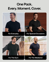 A promotional collage for a men's short-sleeve crew-neck t-shirt pack, showing four male models wearing black shirts in different settings with text labels: 'For Everyday,' 'For Special Occasions,' 'For The Gym,' and 'For The Weekend.' Large headline text at the top reads, 'One Pack.