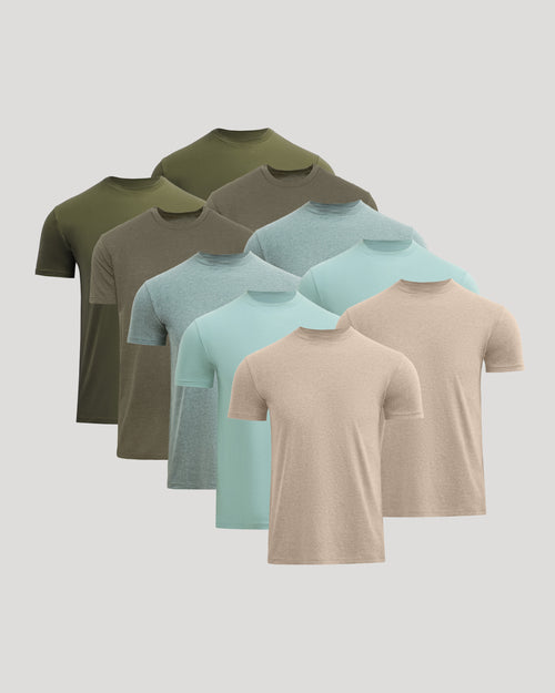 Set of six men's t-shirts in various colors on a light gray background