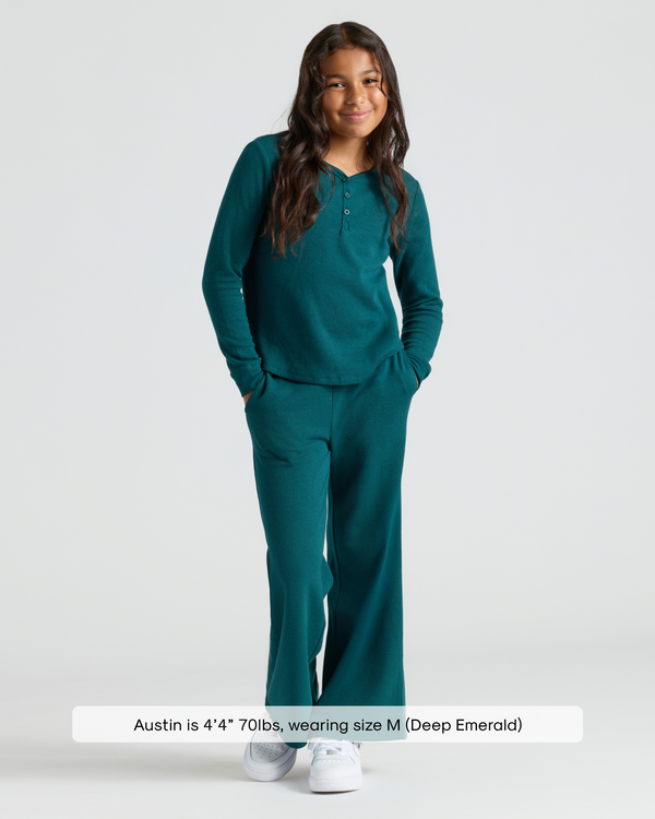 Girl in Girls Deep Emerald Waffle Long Sleeve Henley & Pants.