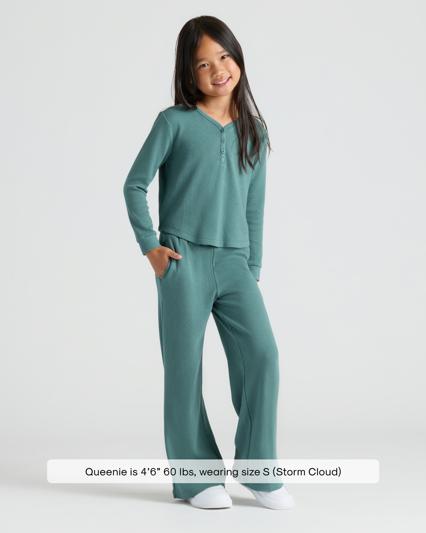 Girl in Girls Stormcloud Waffle Long Sleeve Henley & Waffle Leg Pants.