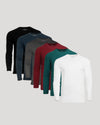 Six long sleeve crew neck shirts in black, navy, charcoal, burgundy, teal, and white.