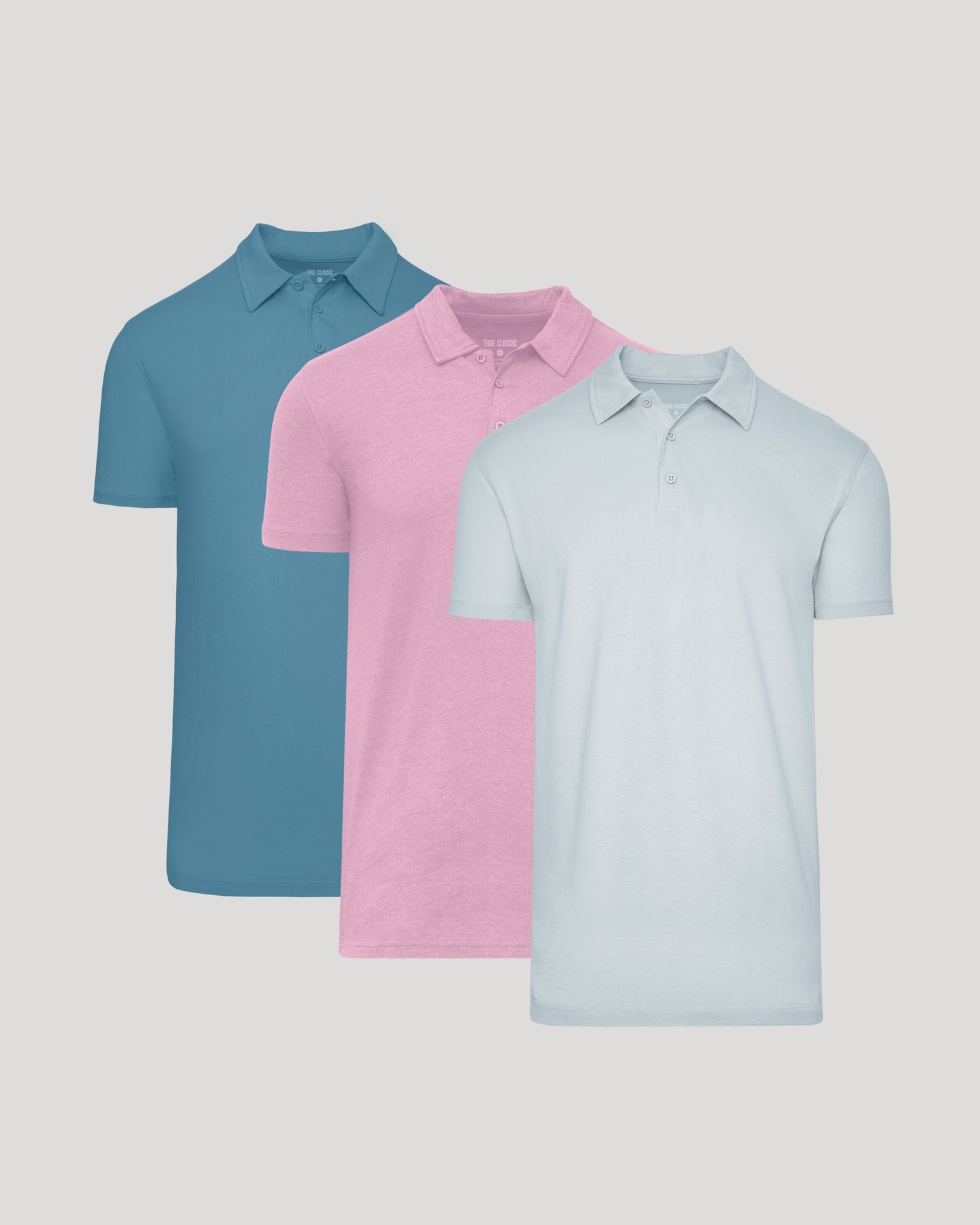 Seasonal Tall Classic Polo 3-Pack displayed in teal, pink, blue.