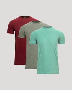 True ClassicSeasonal Tall Active Crew 3-Pack T-shirts arranged; burgundy, gray, mint.