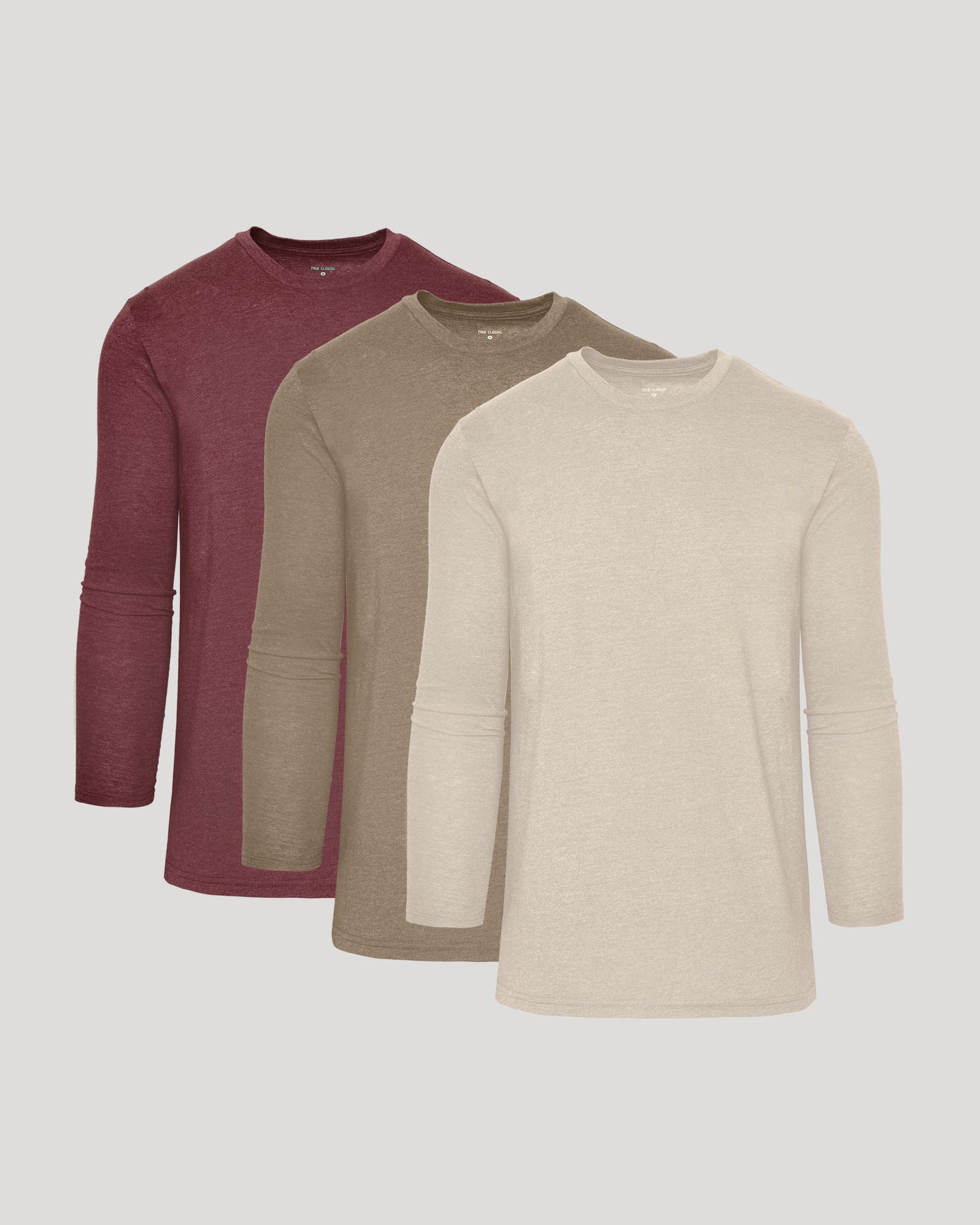 Seasonal Tall Classic Long Sleeve Crew 3-Pack, layered beige, olive-brown, maroon.