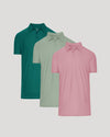 Three men's basic polo shirts in green, light green, and pink colors, featuring the Tall Active Polo - Men's Performance Stretch Polo Shirt - Moisture Wicking Athletic Fit design.