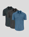 Short Sleeve Ripstop Commuter Shirt 3-Pack: three collared, button-front shirts.