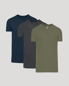 True ClassicStaple Short Sleeve Tall Classic V-Neck 3-Pack in olive, gray, and navy.