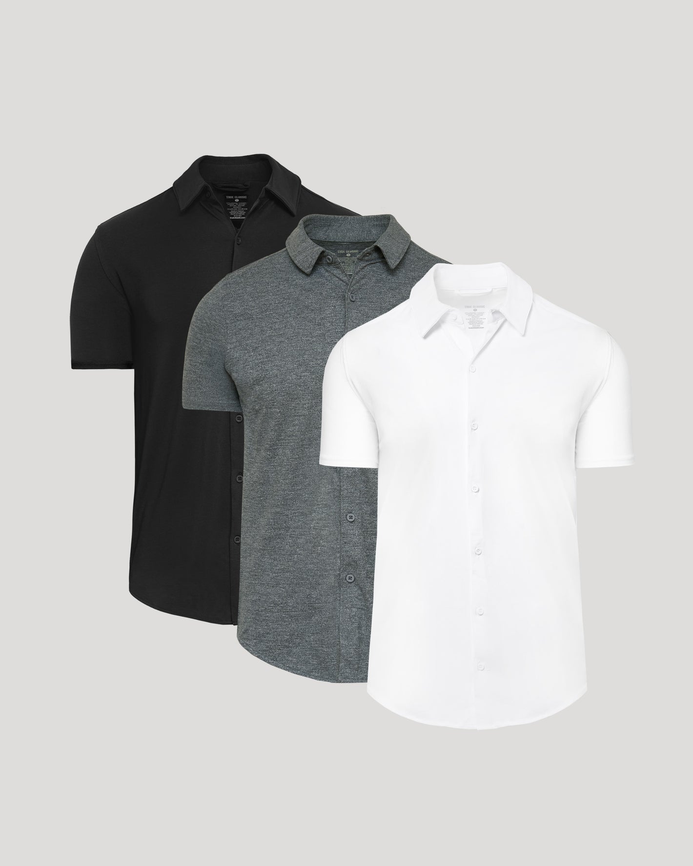 Neutral Short Sleeve Comfort Knit Shirt 3-Pack on light-gray background.