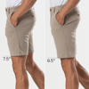 7 Khaki Comfort Knit Chino Shorts, shown in 7.5″ and 9.5″ inseams.