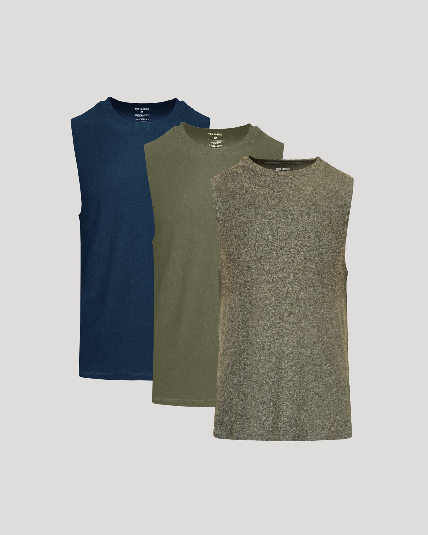 The Timeless Sleeveless Active Muscle Tee 3-Pack laid side by side.