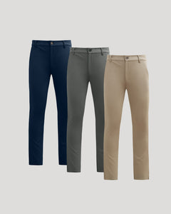 True ClassicSlim Comfort Knit Chino Pant 3-Pack in navy, gray, and khaki.