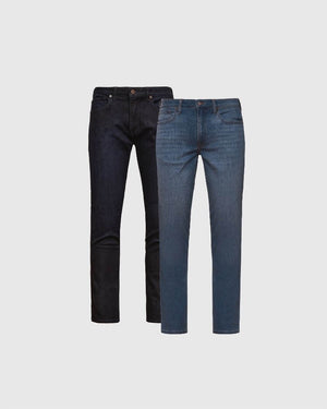 Slim Indigo and Medium Wash Comfort Stretch Jeans 2-Pack against gray background.