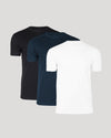 Black, navy, and white crew neck t-shirts stacked side by side.