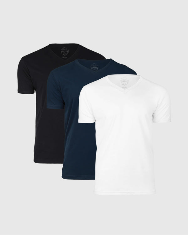 Standard 3-Pack V-neck T-shirts, black, navy, and white, staggered.