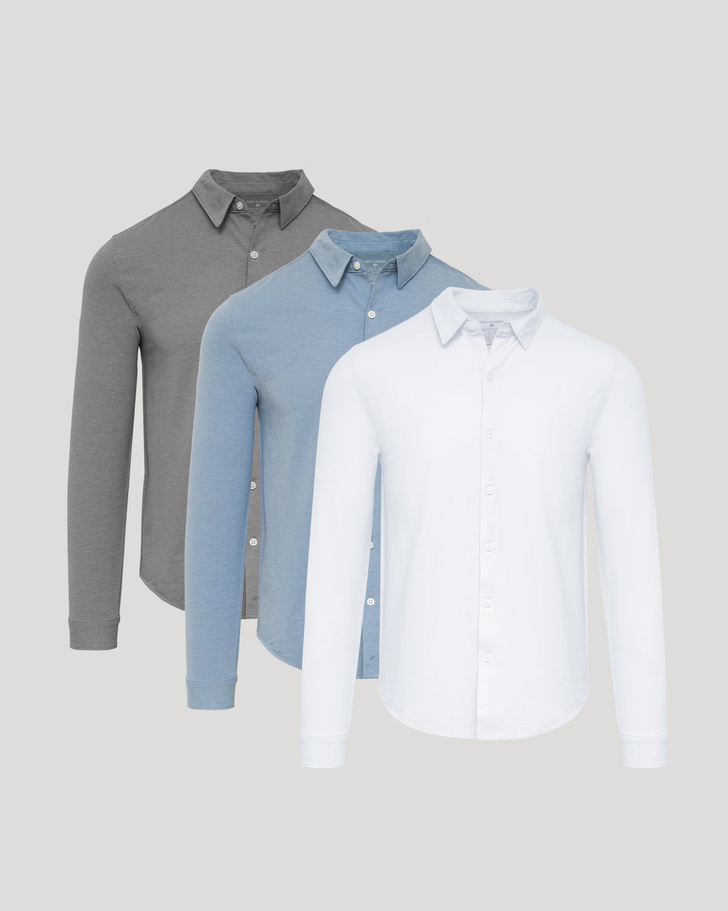 Standard Long Sleeve Modern Knit Oxford 3-Pack shirts displayed.