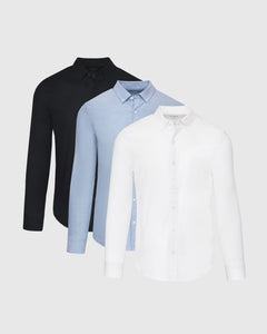 True ClassicStandard Stretch Oxford 3-Pack with white, light blue, and black shirts.
