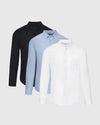 Standard Stretch Oxford 3-Pack with white, light blue, and black shirts.