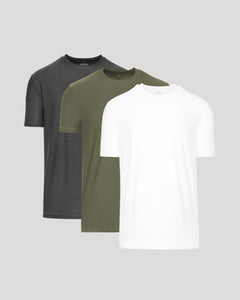 True ClassicStaple Active Crew 3-Pack T-shirts: white, olive green, charcoal gray.