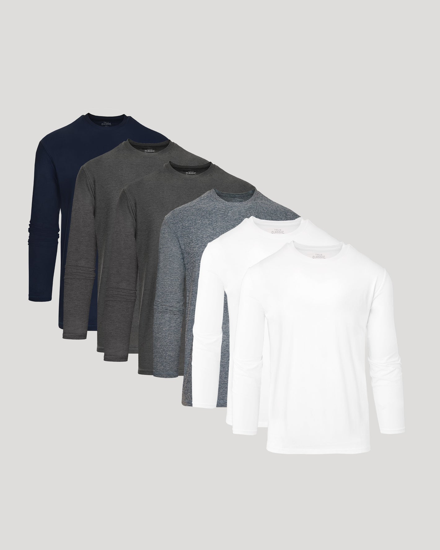 Active Long Sleeve Crew 6-Pack, staggered navy, charcoal, heather gray, white.