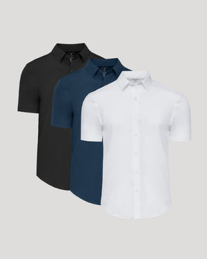 Staple Short Sleeve Performance Dress Shirt 3-Pack displayed on gray background.