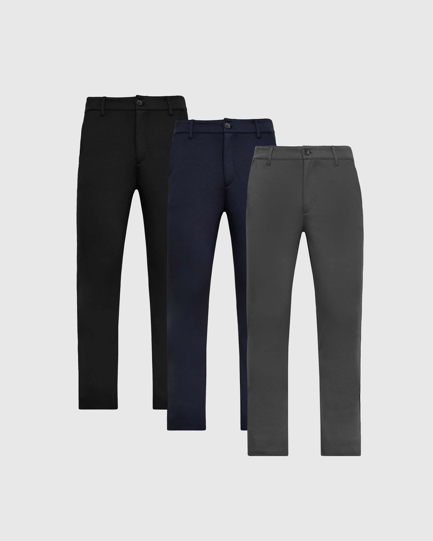 Staple Slim Comfort Knit Chino Pant 3-Pack displayed in three colors.
