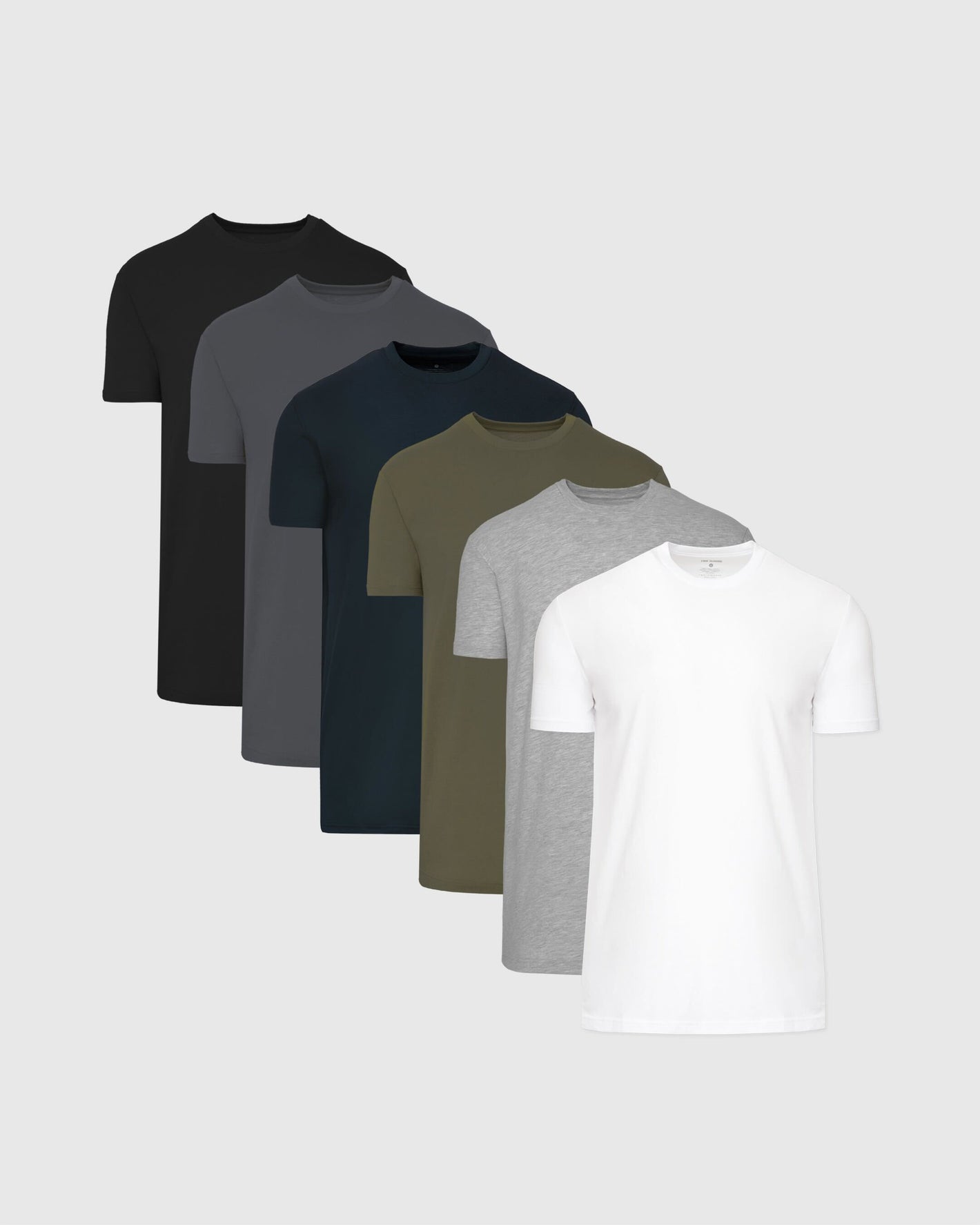 Six-pack of tall straight hem t-shirts in black, dark gray, navy, olive, light gray, and white.