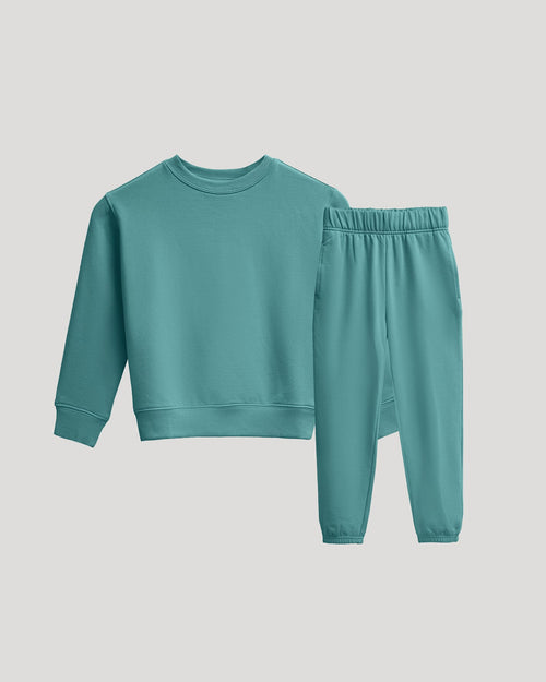 Girls Stormcloud Slouch Pullover Crew & Relaxed Joggers in cozy teal fleece.