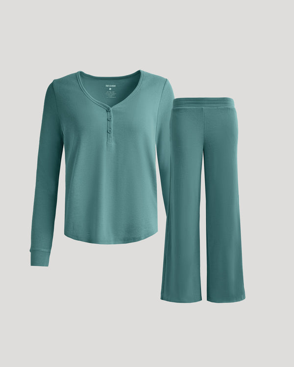 Women's Stormcloud Waffle Long Sleeve Henley & Leg Pant Set, waffle-knit texture.