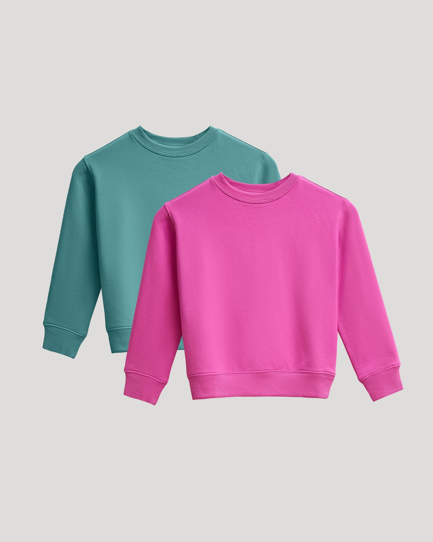 Girls Stormcloud & Electric Fuchsia Slouch Pullover Crew 2-Pack laid flat.