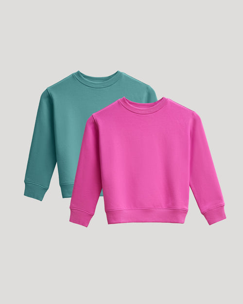 Girls Stormcloud & Electric Fuchsia Slouch Pullover Crew 2-Pack laid flat.