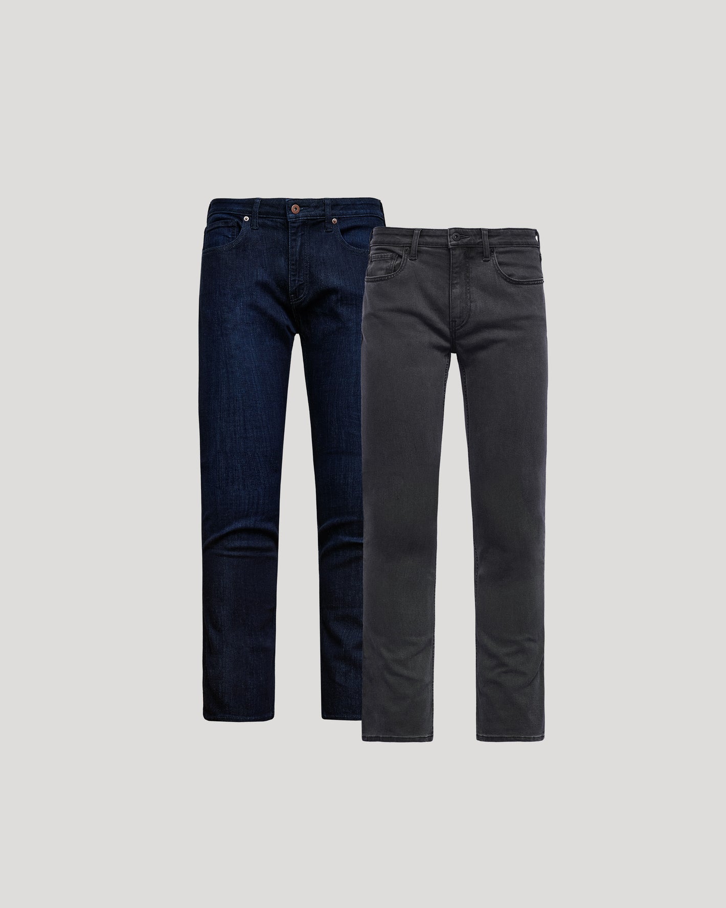 Two pairs of jeans, one dark blue and one gray, on a light gray background.