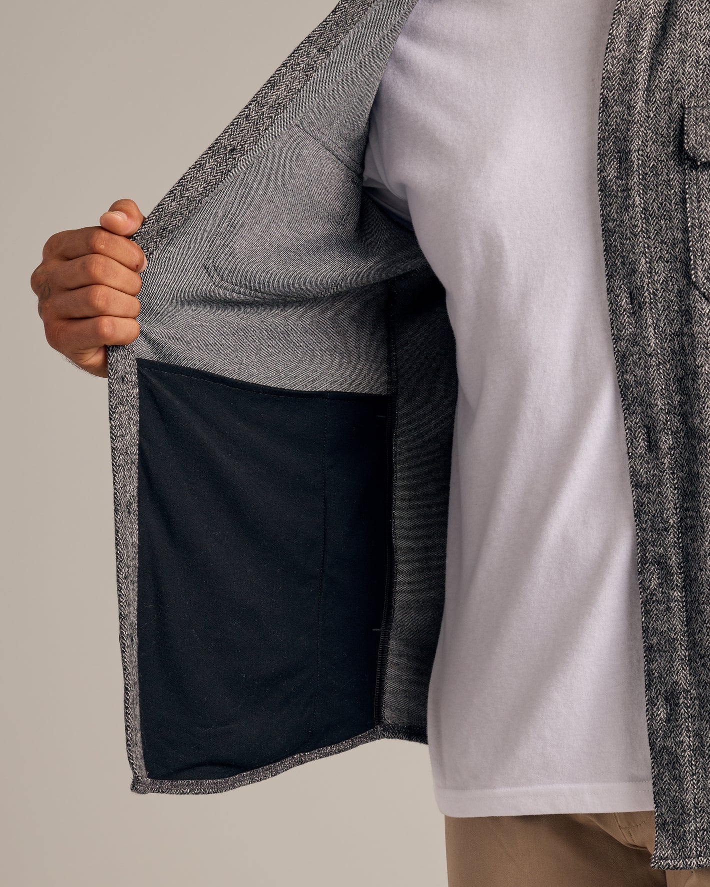 Black Sweater Shirt Jacket with herringbone pattern, showcasing interior pocket.