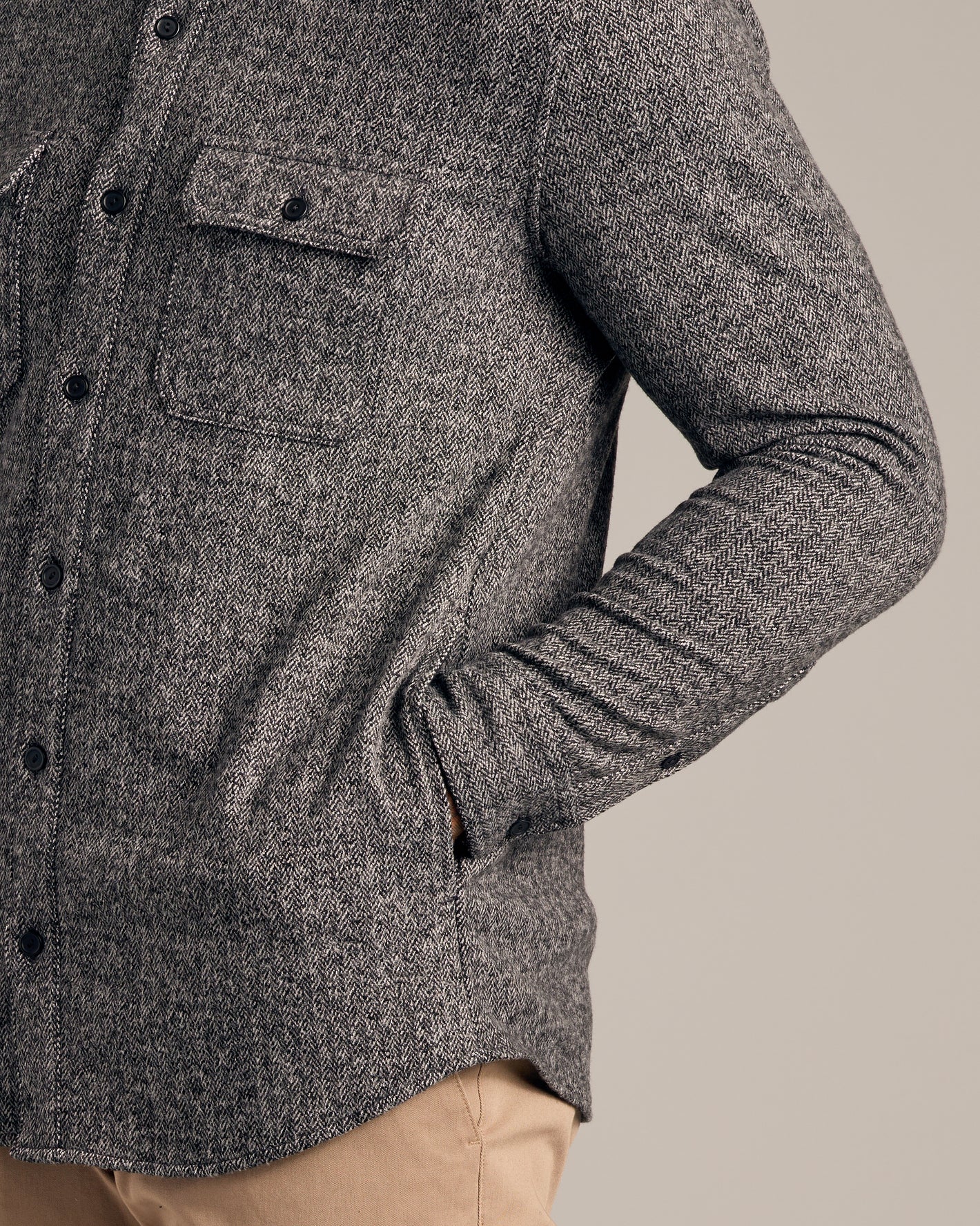Black Sweater Shirt Jacket with herringbone pattern, button-front, chest pocket.