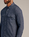 Navy Sweater Shirt Jacket with herringbone pattern and button-flap chest pockets.
