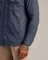 Navy Sweater Shirt Jacket with dark herringbone pattern and black buttons.