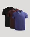 Seasonal Dressy Polo 3-Pack: black, burgundy, purple short-sleeve shirts.