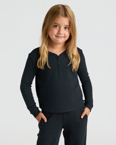 Black Waffle Long Sleeve Henley & Waffle Leg Pants Set