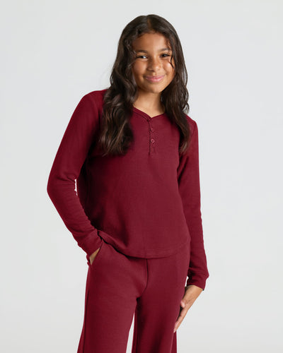 Dark Maroon Waffle Long Sleeve Henley & Waffle Leg Pants Set