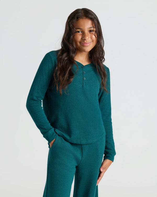 Girl in Girls Deep Emerald Waffle Long Sleeve Henley & Waffle Leg Pants.