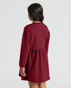 Girls Dark Maroon Long Sleeve Fleece Dress back view, relaxed fit.