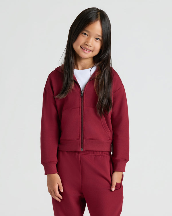 Girl in Girls Dark Maroon Cropped Zip Hoodie & Relaxed Joggers.