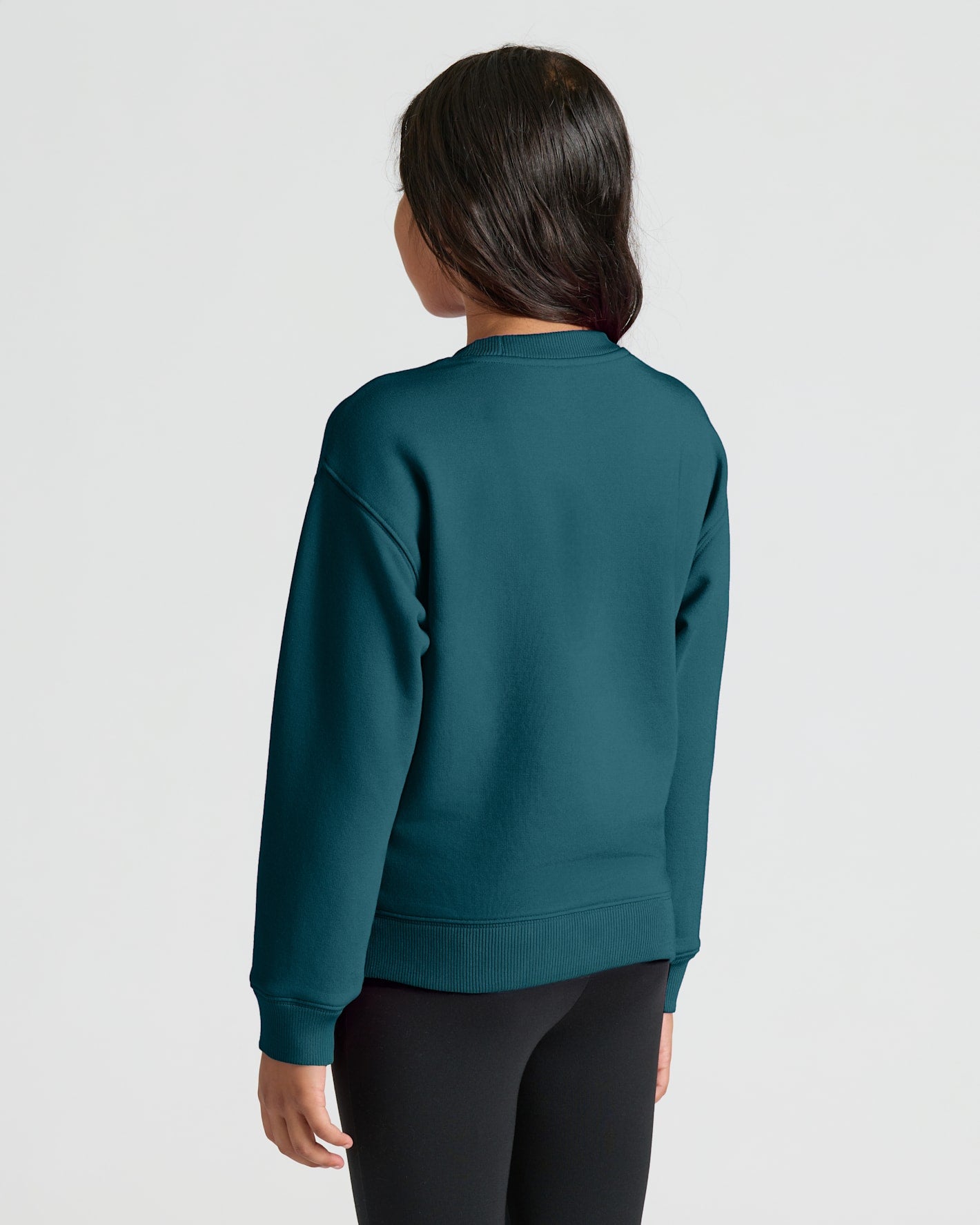 Back view of Girls Deep Emerald Slouch Pullover Crew.
