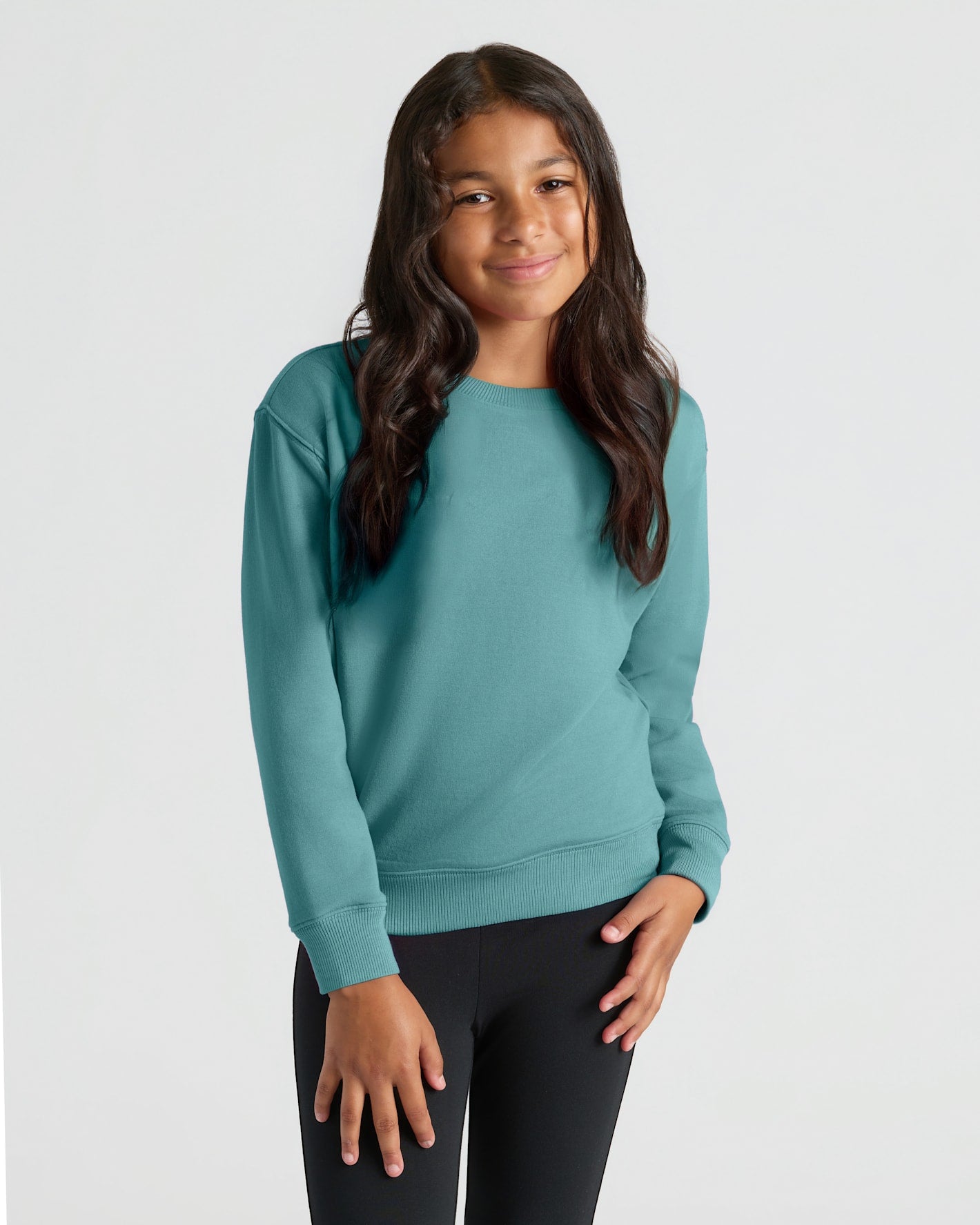 Girl in comfy teal Girls Black & Stormcloud Slouch Pullover Crew.