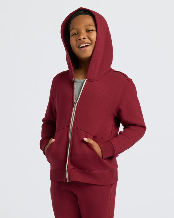 Boy wearing Boys Dark Maroon Full Zip Fleece Hoodie & Jogger.