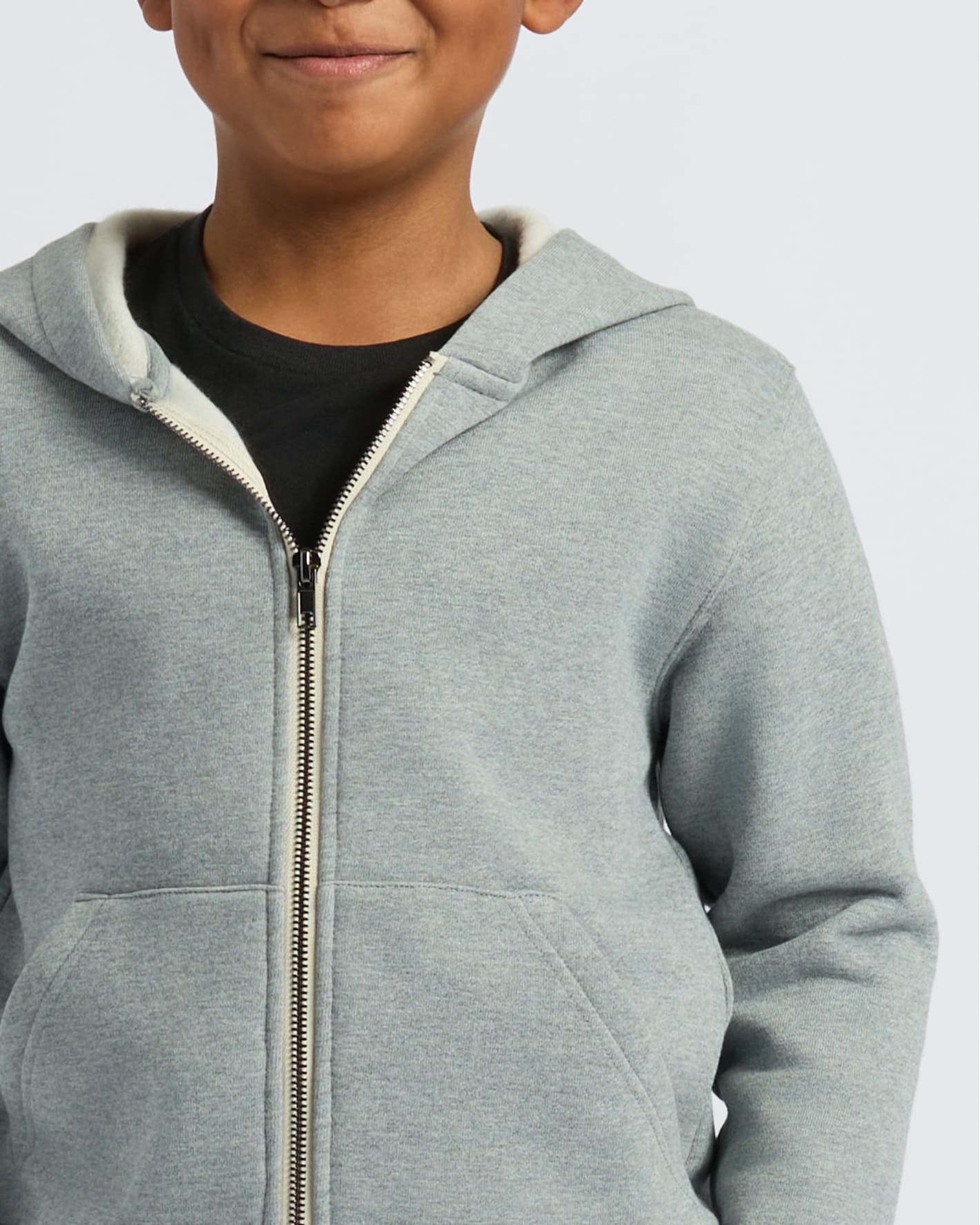 Boys' Medium Heather Gray Fleece Full Zip Hoodie on child.