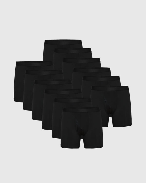 Black Boxer Briefs W/ Fly 12-Pack arranged in staggered pattern.