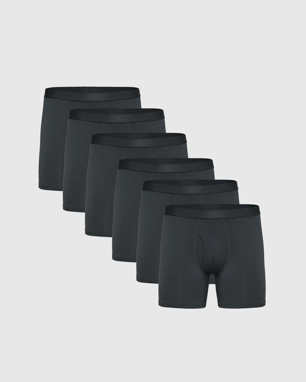 Carbon Boxer Briefs W/ Fly 6-Pack, dark charcoal, fanned display.