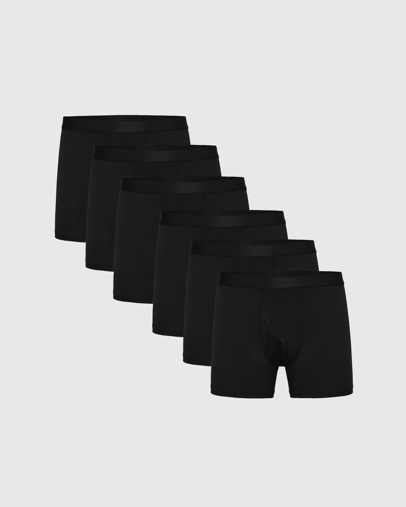 Black Boxer Trunks W/ Fly 6-Pack, staggered against light gray background.