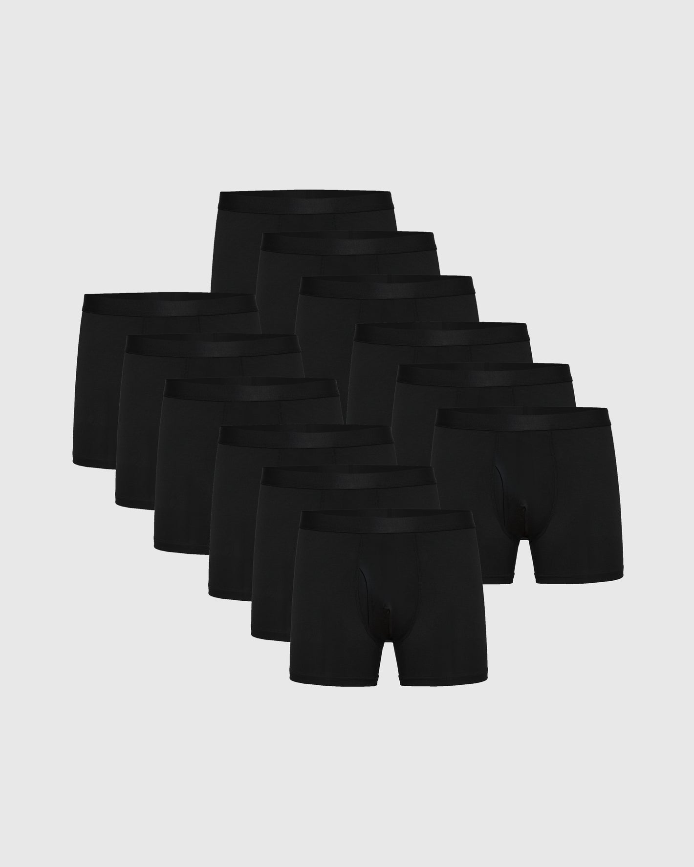 Black Boxer Trunks W/ Fly 12-Pack neatly arranged on neutral background.
